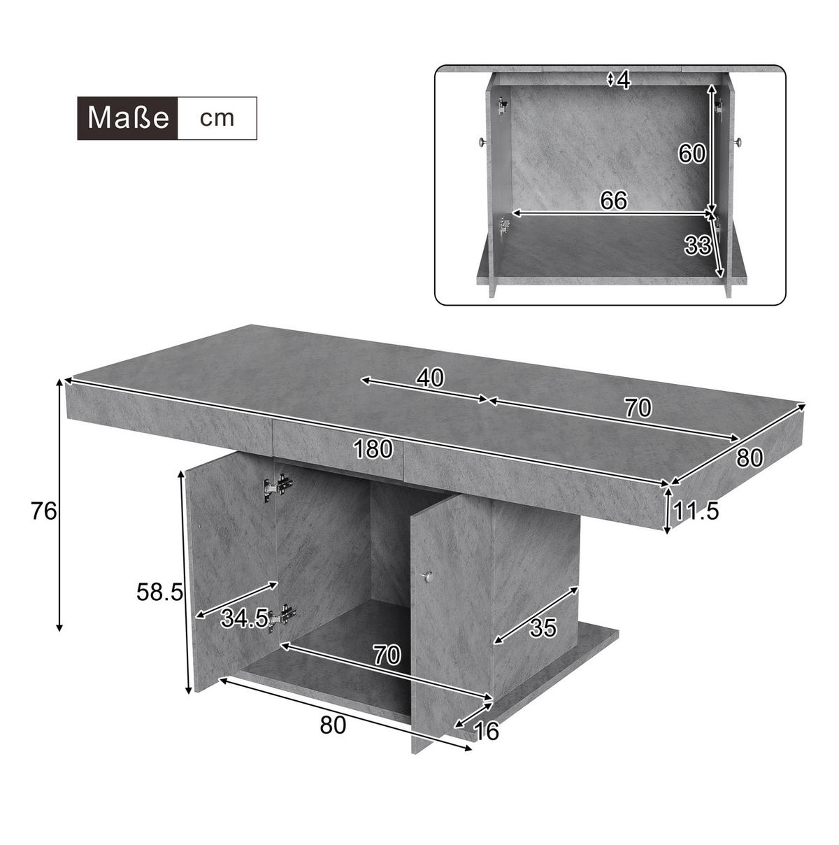 ESSTISCH 180/80/76cm grau mit Stauraum aus Spanplatte - Grau, Holzwerkstoff (180/80/76cm) - OKWISH