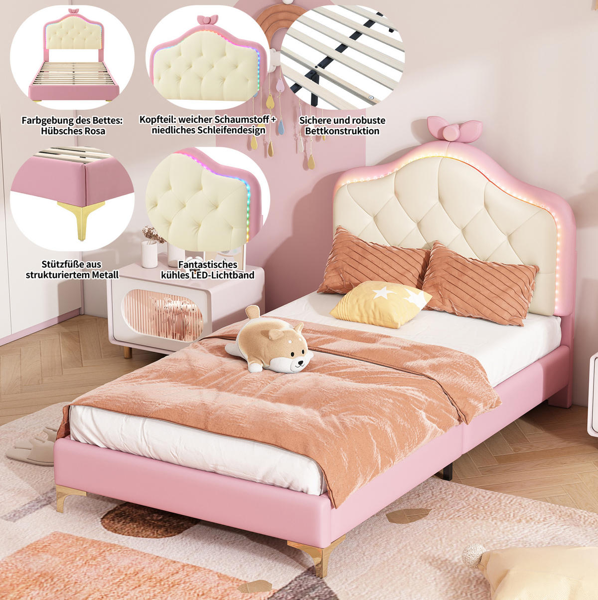 POLSTERBETT 90/200 cm mit LED-Beleuchtung, Wellen-Kopfteil und Schleife aus PU, Rosa/Weiß - Weiß, Kunststoff (90/200cm) - Redom
