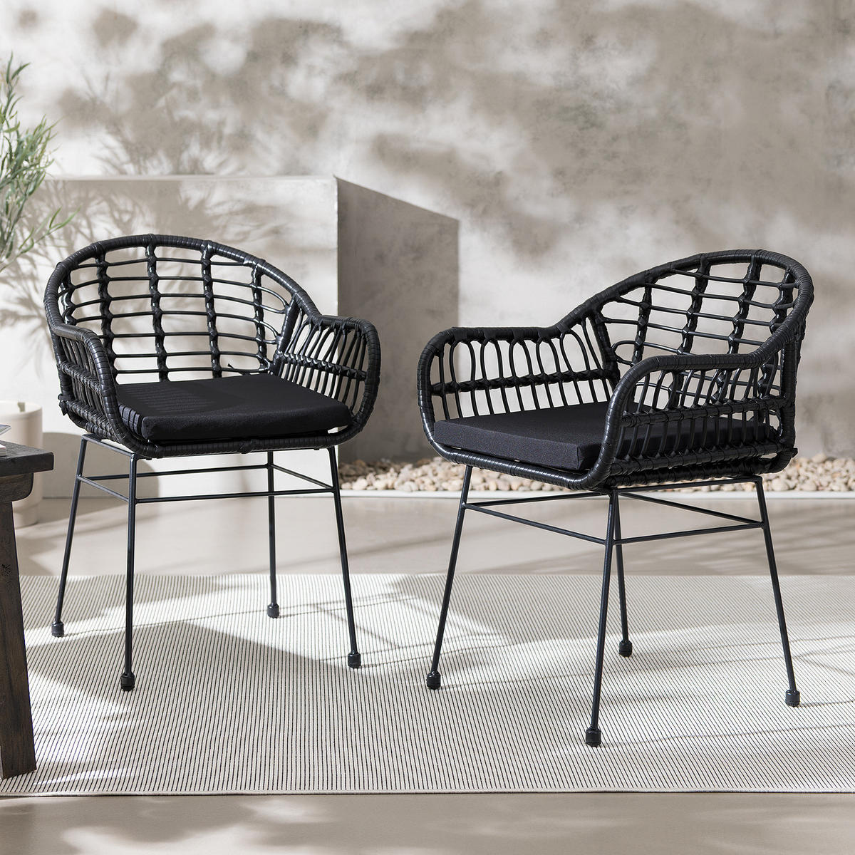 GARTENSTUHL - 2er-Set - Polyrattan / Stahl - Schwarz, Textil/Metall (53/76/54cm) - home24