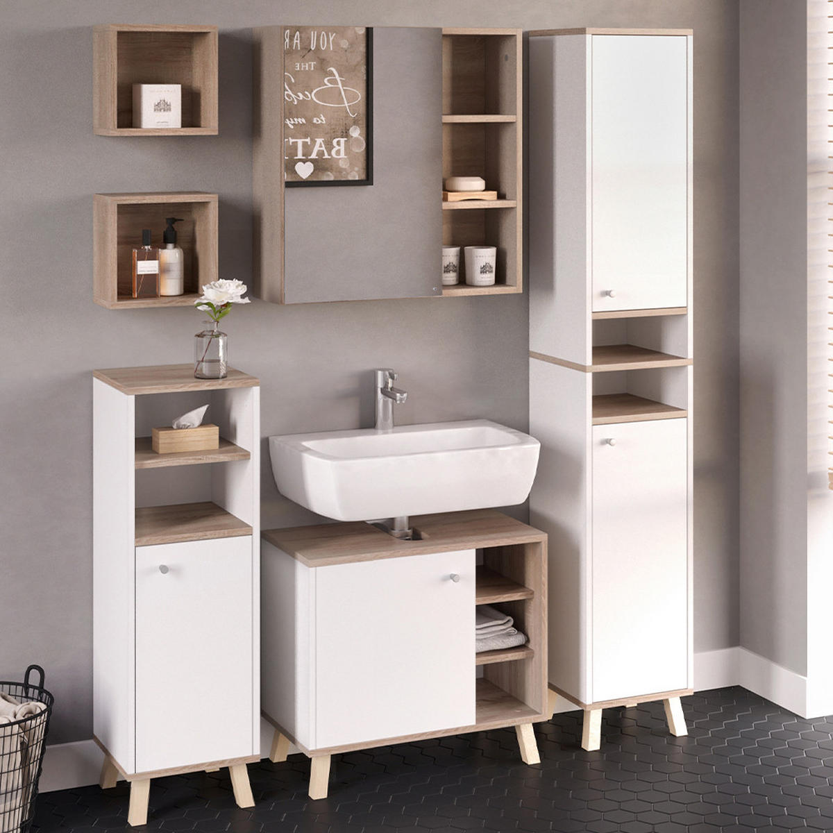 BADMÖBEL-SET Senyo Weiß 5 Teile, mit Hochschrank - Weiß/Sonoma Eiche, Holzwerkstoff (62/54/32cm) - Vicco