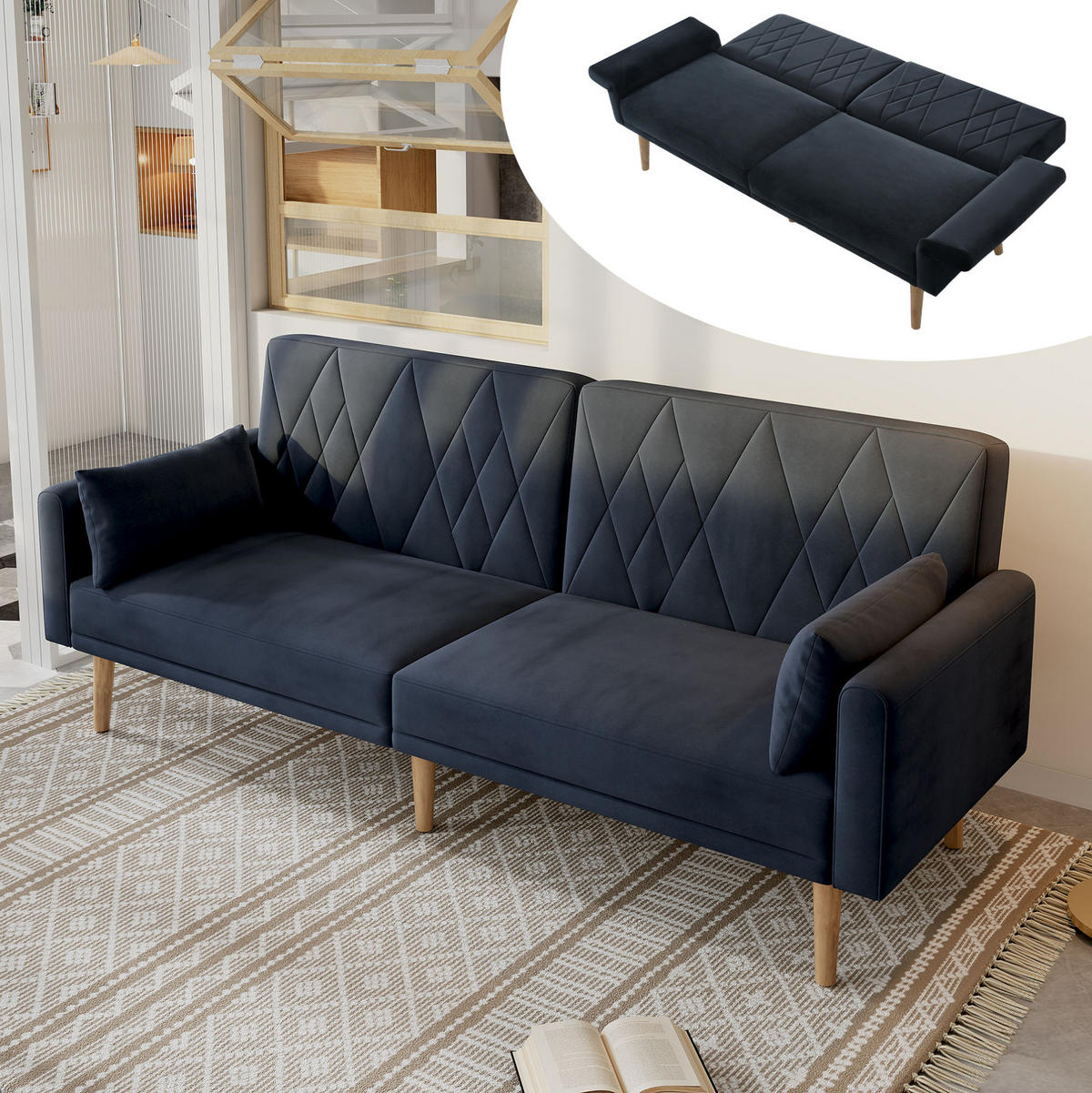 SCHLAFSOFA multifunktional 180 x 75 x 82 cm Samt Black 2-Sitzer - Schwarz, Holzwerkstoff (180/82/75cm) - Meubliv