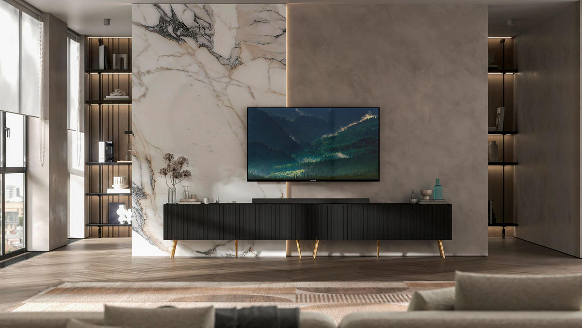 TV-LOWBOARD 2-er Set Elpis Schwarz matt mit goldenen Metallbeinen 150 cm - Goldfarben/Schwarz, Holzwerkstoff (300/60.5/36.5cm) - Meble Lindner