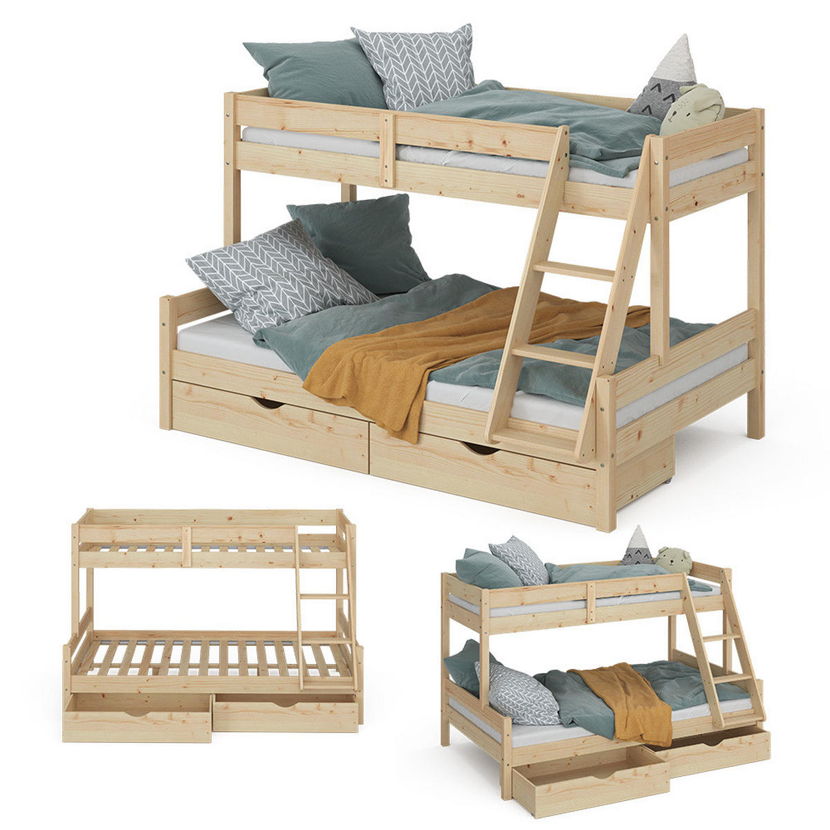 ETAGENBETT Everest Naturholz 120x200/80x200 cm mit Schubladen - Naturfarben, Holz (120/200cm) - VitaliSpa