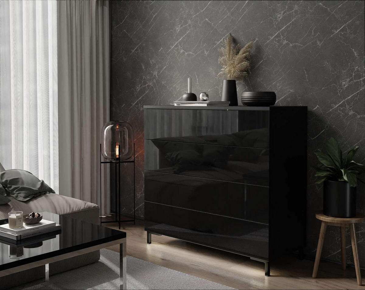 KOMMODE LINA 95 PUSH OPEN mit schwarzen Beinen - Schwarz, Holzwerkstoff (95/86/40cm) - Lookway