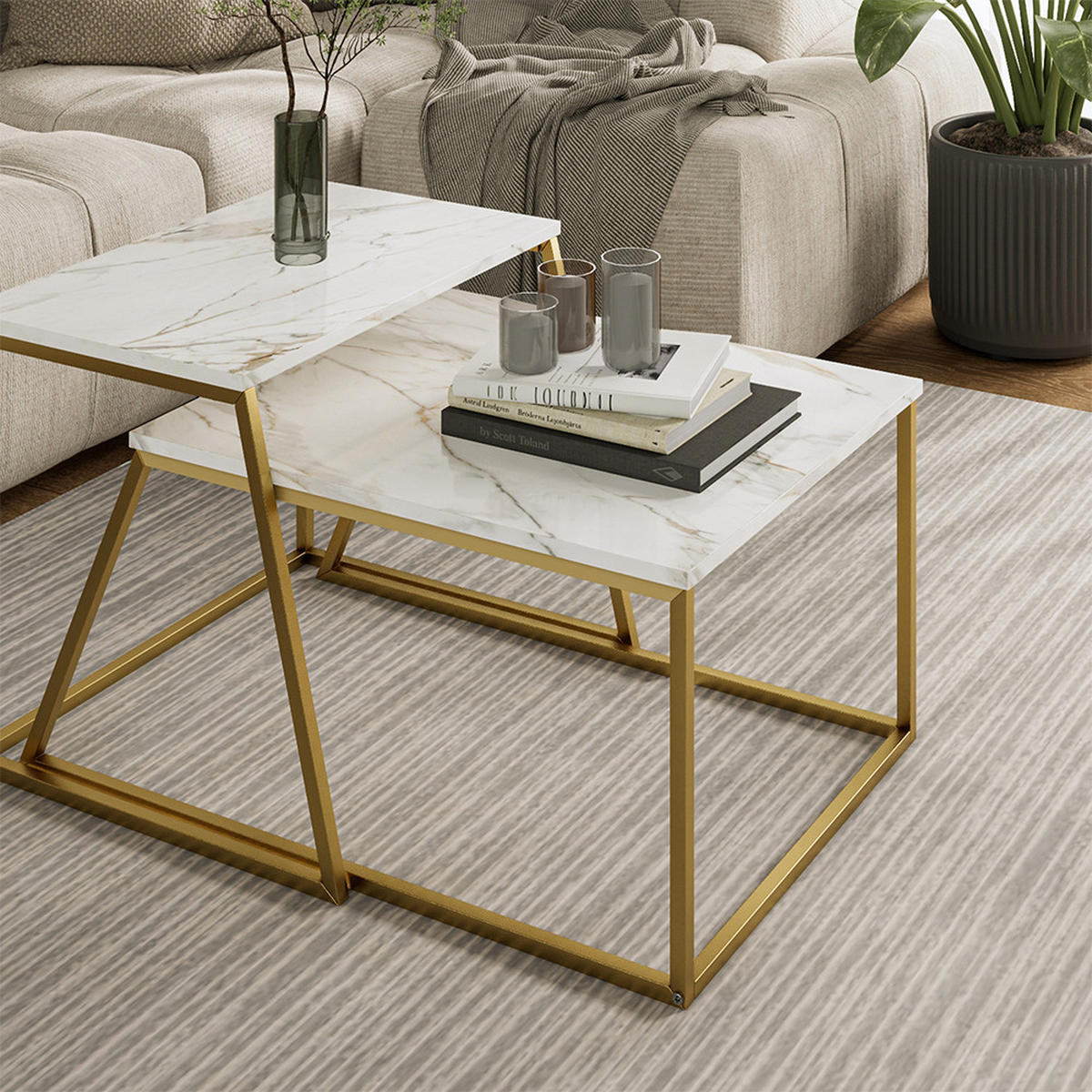 COUCHTISCH-SET Myra Marmor-Weiß/Gold 60 x 50 cm 2 Teile - Weiß Hochglanz/Goldfarben, Holzwerkstoff (50/60/38cm) - Vicco