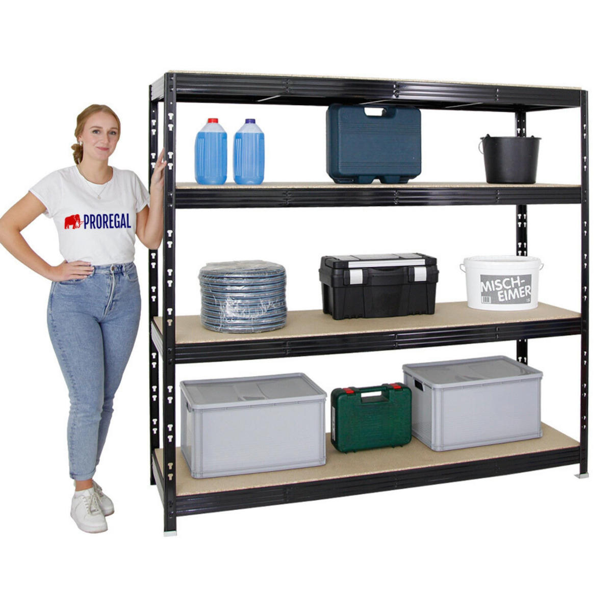 SCHWERLASTREGAL Rhino 180x200x60 cm 4 Spanplatten-Ebenen 16mm Fachlast 500 kg Schwarz - Schwarz, Metall (200/180/60cm) - PROREGAL