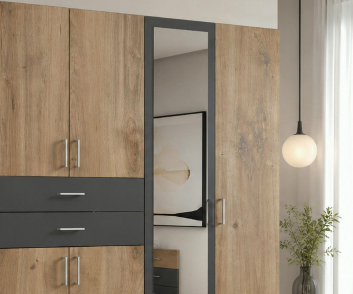 DREHTÜRENSCHRANK Kleiderschrank B270/H208/T58 cm mit Schubkästen & 2 Spiegeltüren, Eiche Dekor mit Absetzungen in Grafit / 22596 - Eichefarben/Silberfarben, Holzwerkstoff/Kunststoff (270/208/58cm) - luma-home