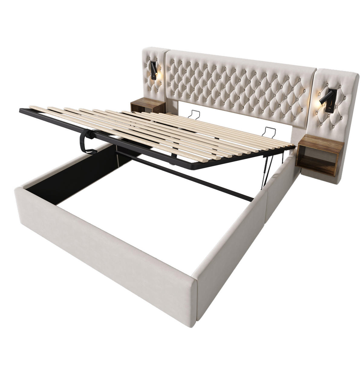 BETT mit Stauraum 160x200 cm Samt Beige mit 2 Nachttischen - Beige, Metall (160/200cm) - Meubliv