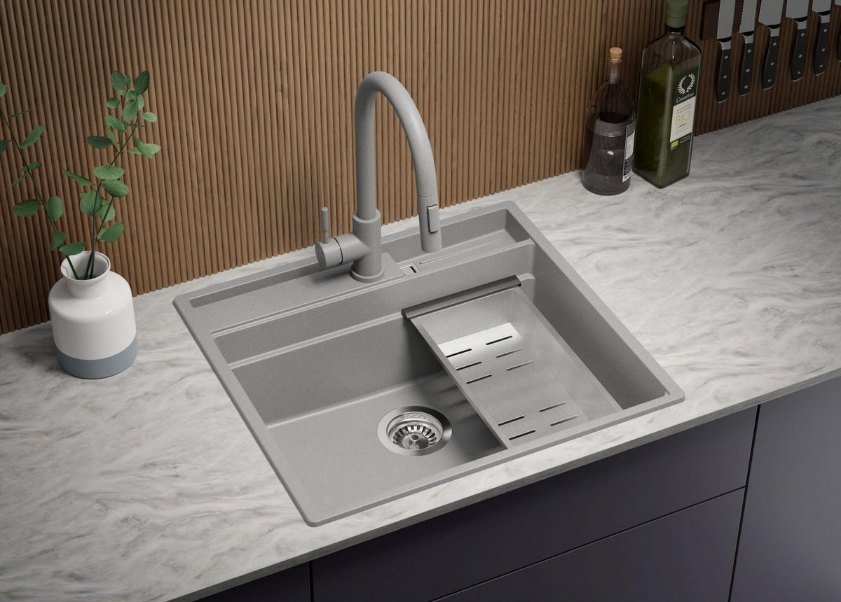 SPÜLBECKEN Oslo Pocket, 2-er set Grau 58/53 cm 1 Becken + Ablauf-Set + Küchenzubehörset ab 60er Unterschrank - Chromfarben/Beige, Kunststoff (58/20/53cm) - Primagran