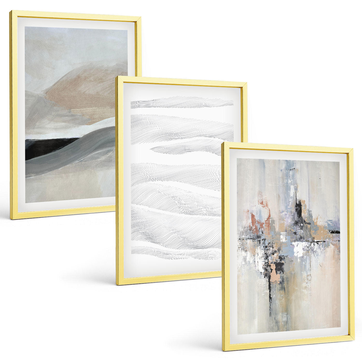 BILDER SET 3er Set - 40x60 cm Goldrahmen - Abstrakte Erdmuster - Goldfarben, Kunststoff (40/60cm) - TULUP