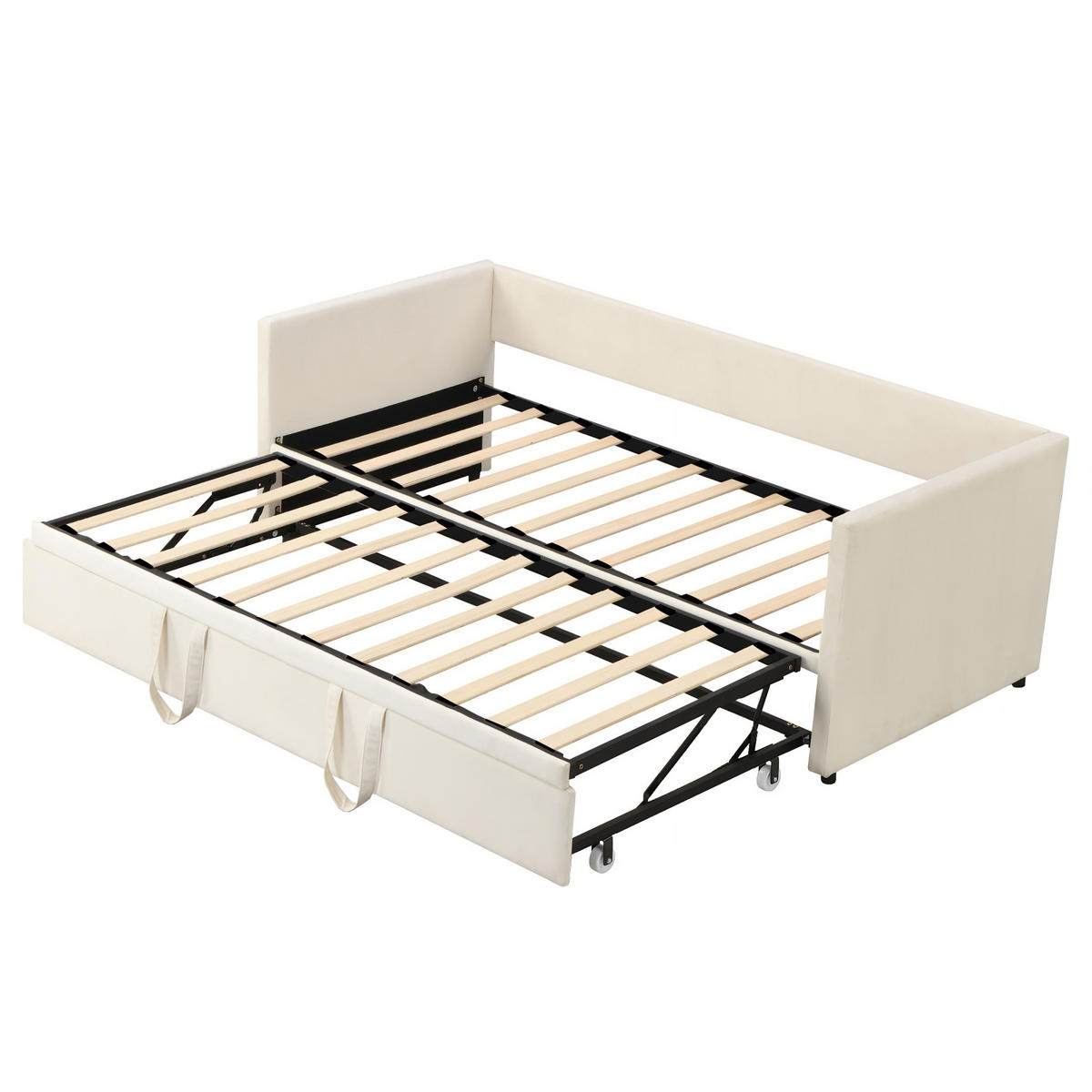 SCHLAFSOFA Samt creme ausziehbar mit Gästebett Funktion 3-fach umwandelbar Tagesbett mit Rollen - Beige, Metall (183/74/213cm) - Joyfair