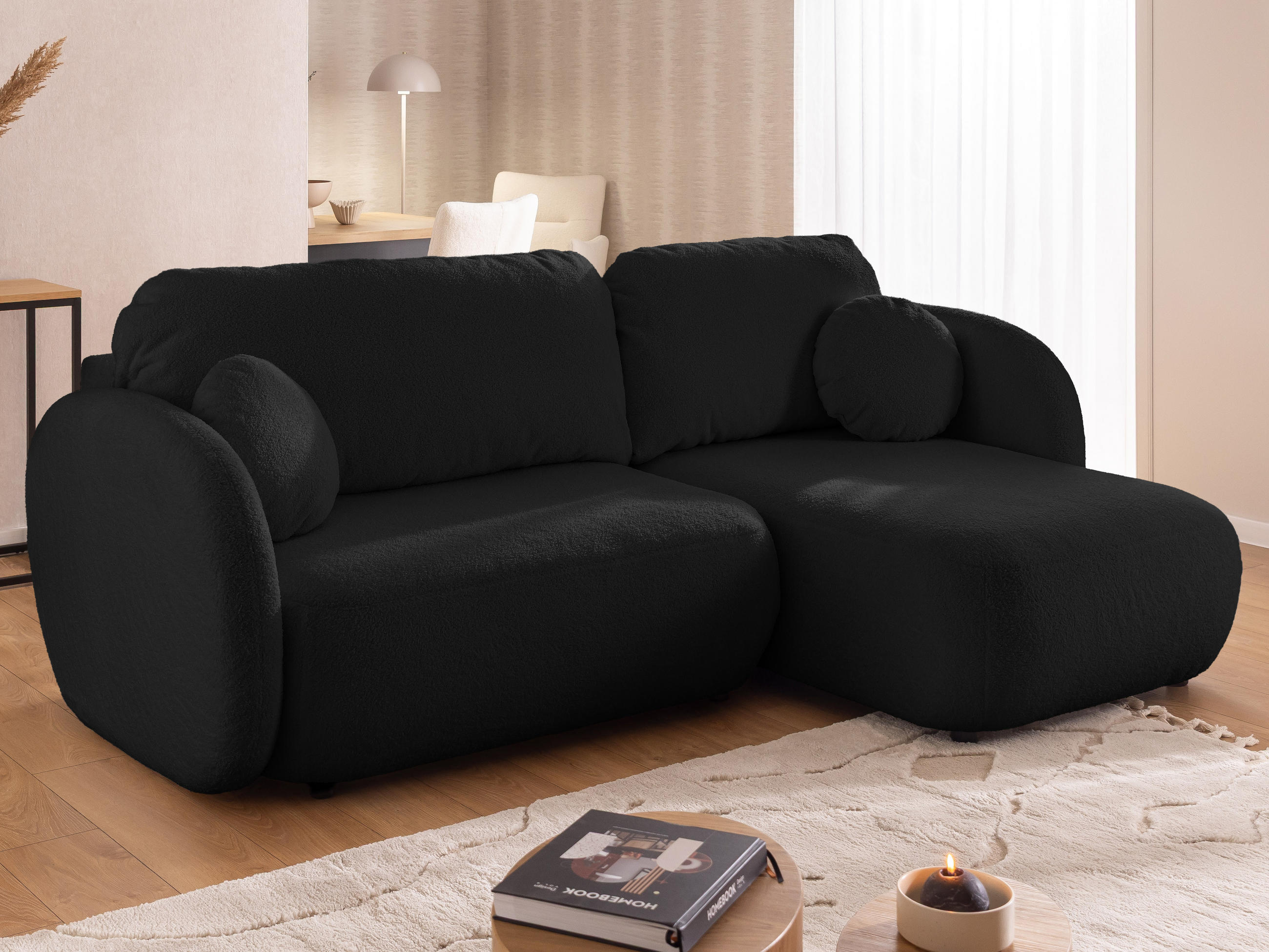 ECKSOFA Candy mit Schlaffunktion Schwarz Bouclé-Stoff - Ottomane rechts - Schwarz, Holz/Kunststoff (146/230cm) - S-Style Möbel