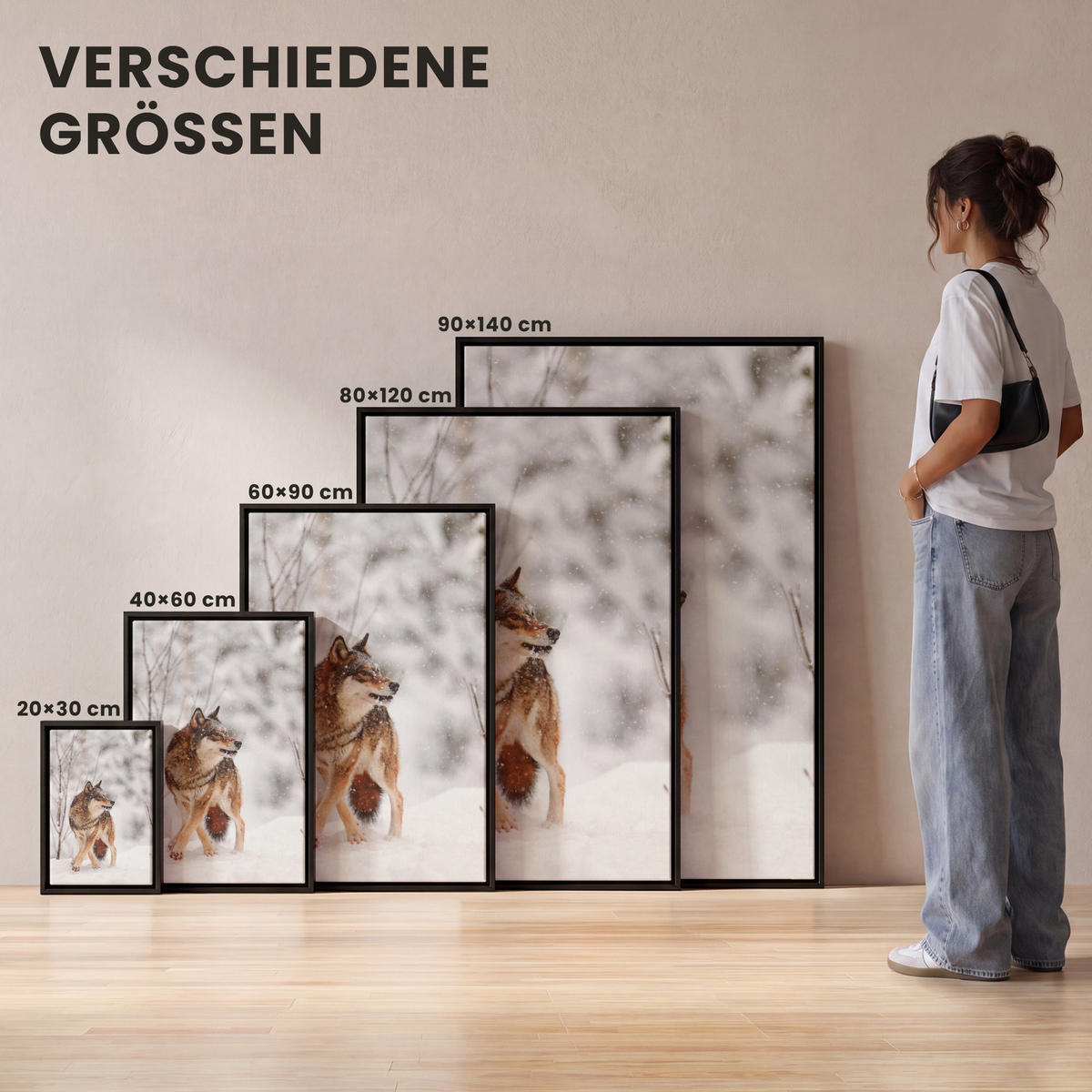 LEINWAND Bilder mit Rahmen - Wolf - Winter - Schnee - Natur - Tiere - 100x150 - Haselnussfarben, Textil (100/150cm) - MuchoWow