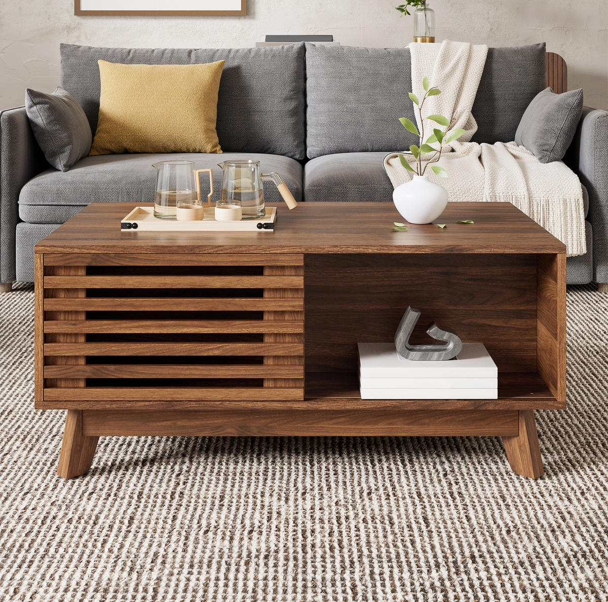 COUCHTISCH 90/55/57,5 cm in Walnuss-Optik mit höhenverstellbarer Tischplatte - Nussbaumfarben, Holzwerkstoff (90/55/57.5cm) - Flora Grace