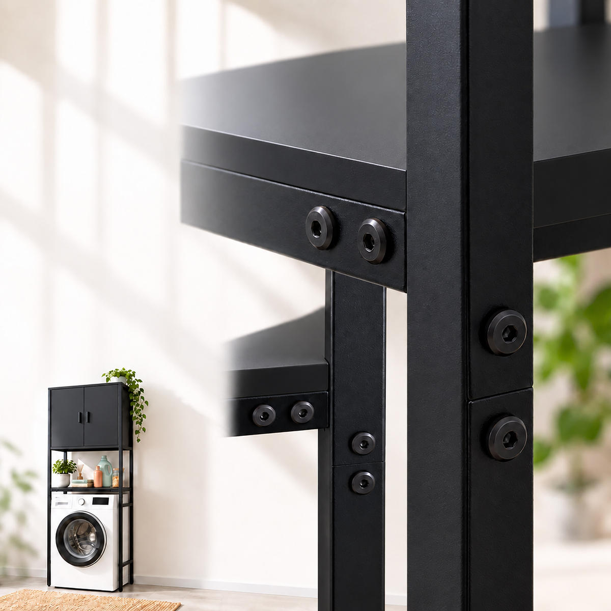 WASCHMASCHINENSCHRANK Schwarz Metall - Schwarz, Holzwerkstoff/Metall (64/170/27cm) - Relaxdays