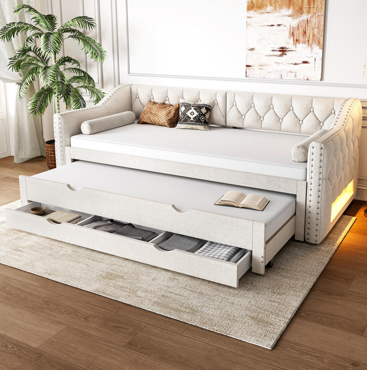 POLSTERBETT 90/200 cm Beige mit LED-Beleuchtung und 3 Schubladen - Beige, Textil (90/200cm) - Flora Grace