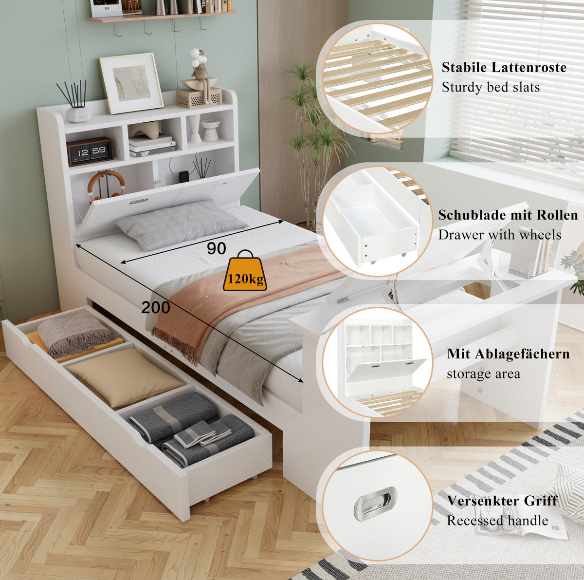 JUGENDBETT 90x200 cm in Weiß mit Schublade und klappbarem Tisch - Weiß, Holz (90/200cm) - IVMEU