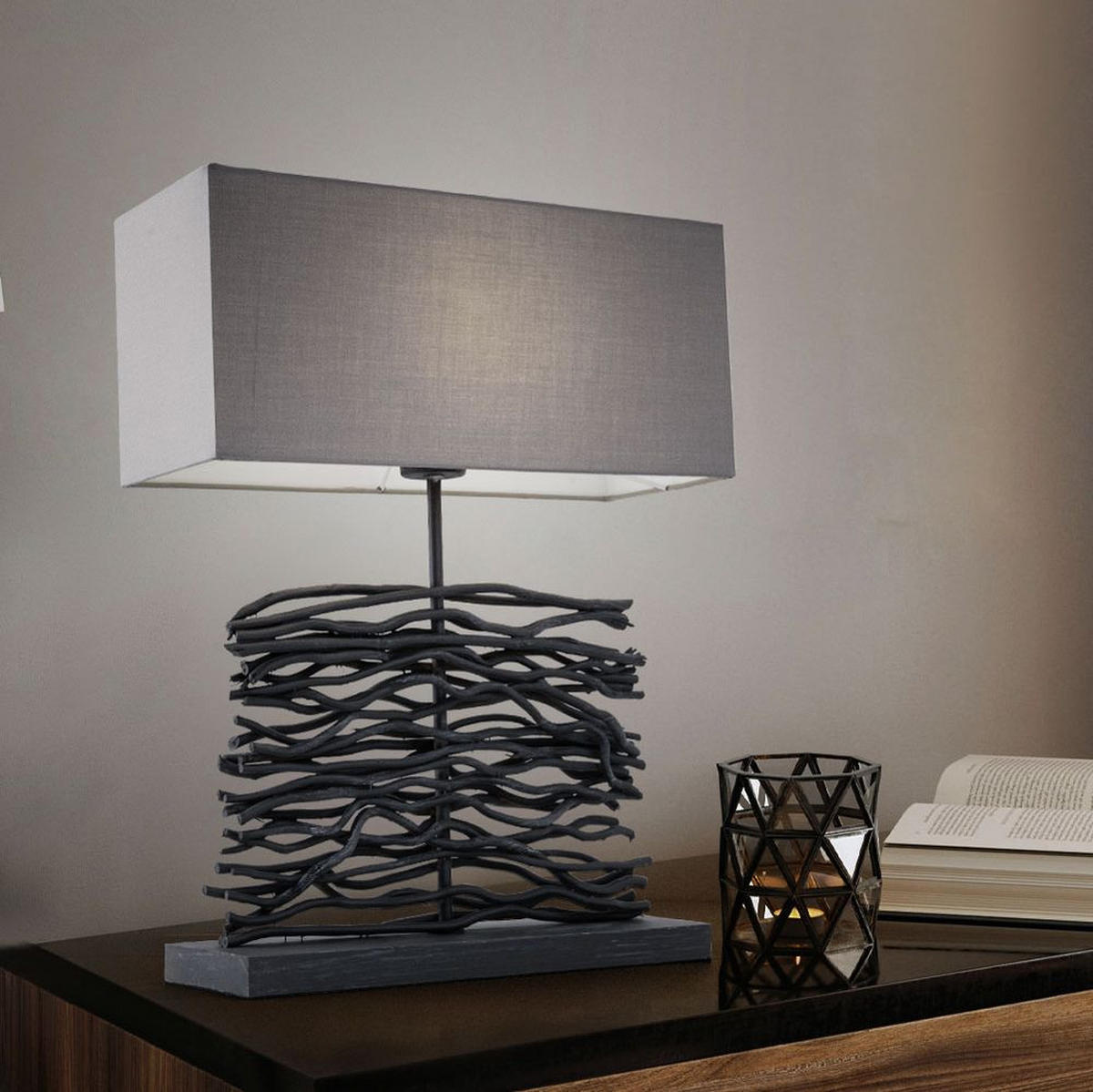 TISCHLEUCHTE Holz Grau Textil - Grau, Holz (40/15/50cm)