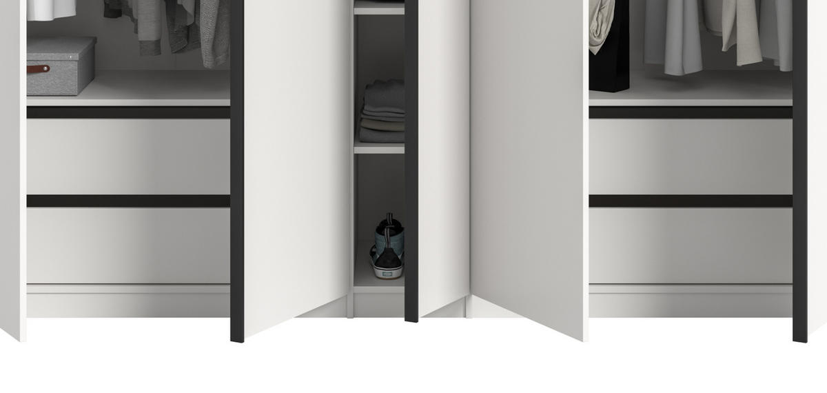 KLEIDERSCHRANK weiß 5-türig 230 x 183 cm, Drehtürenschrank mit 2x Schubkasteneinsatz - Schwarz/Weiß, Holzwerkstoff/Kunststoff (230/183/53cm) - Inn.Furn