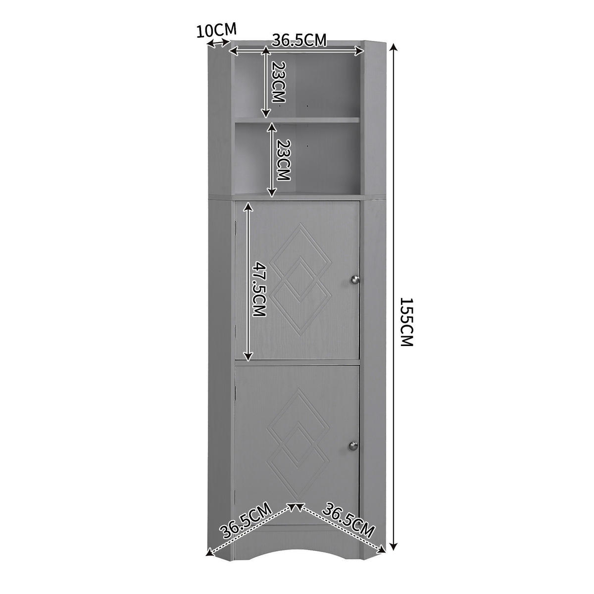 BUFFET Moderner Eck-Hochschrank dreieckiges Design kippsicher feuchtigkeitsresistent minimalistisch vielseitig - Grau, Holzwerkstoff (36.5/155/36.5cm) - EVRYAE
