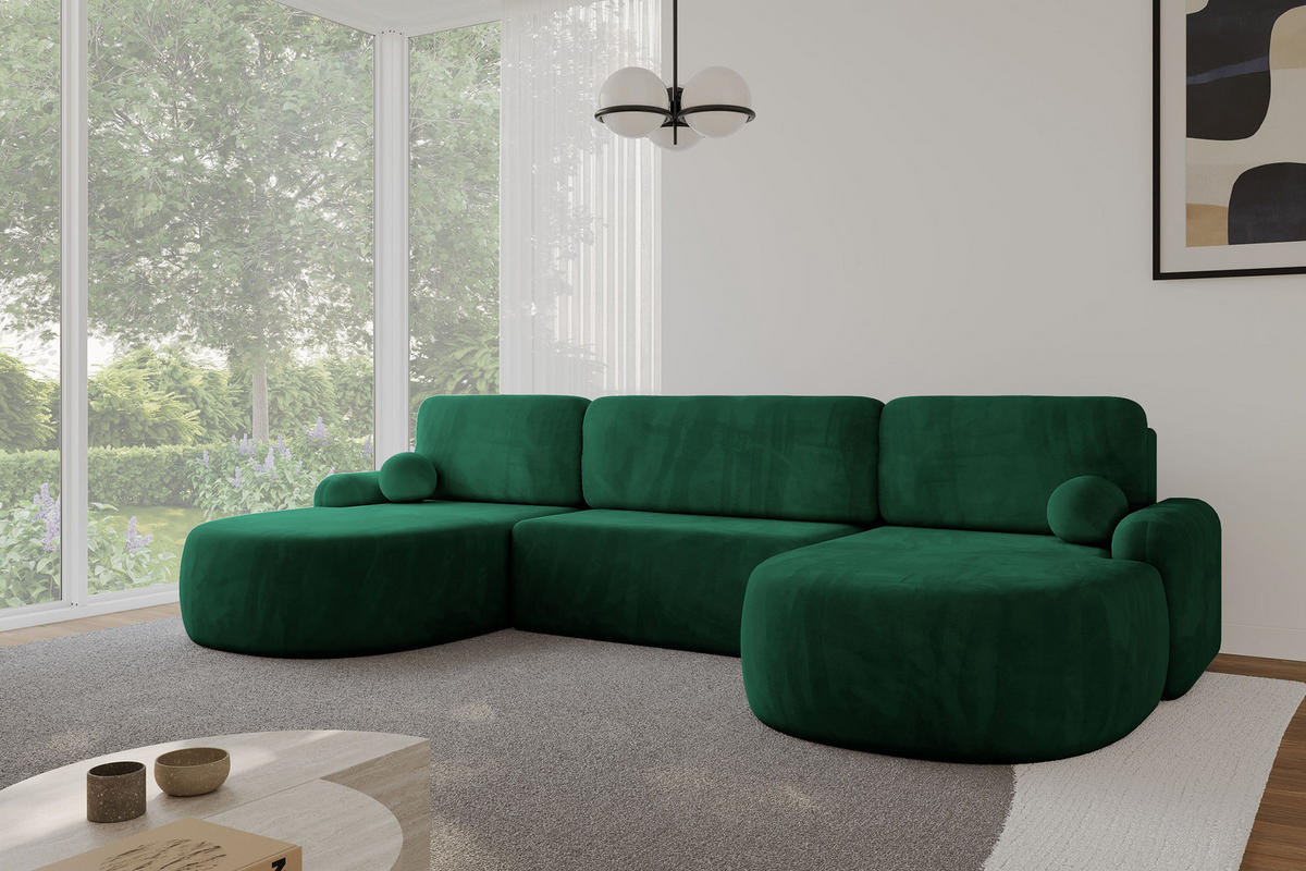 WOHNLANDSCHAFT mit Schlaffunktion und Bettkasten LIRA-U - 335x172x89 Grün - Grün, Holzwerkstoff/Textil (335/89/172cm) - ALTDECOR
