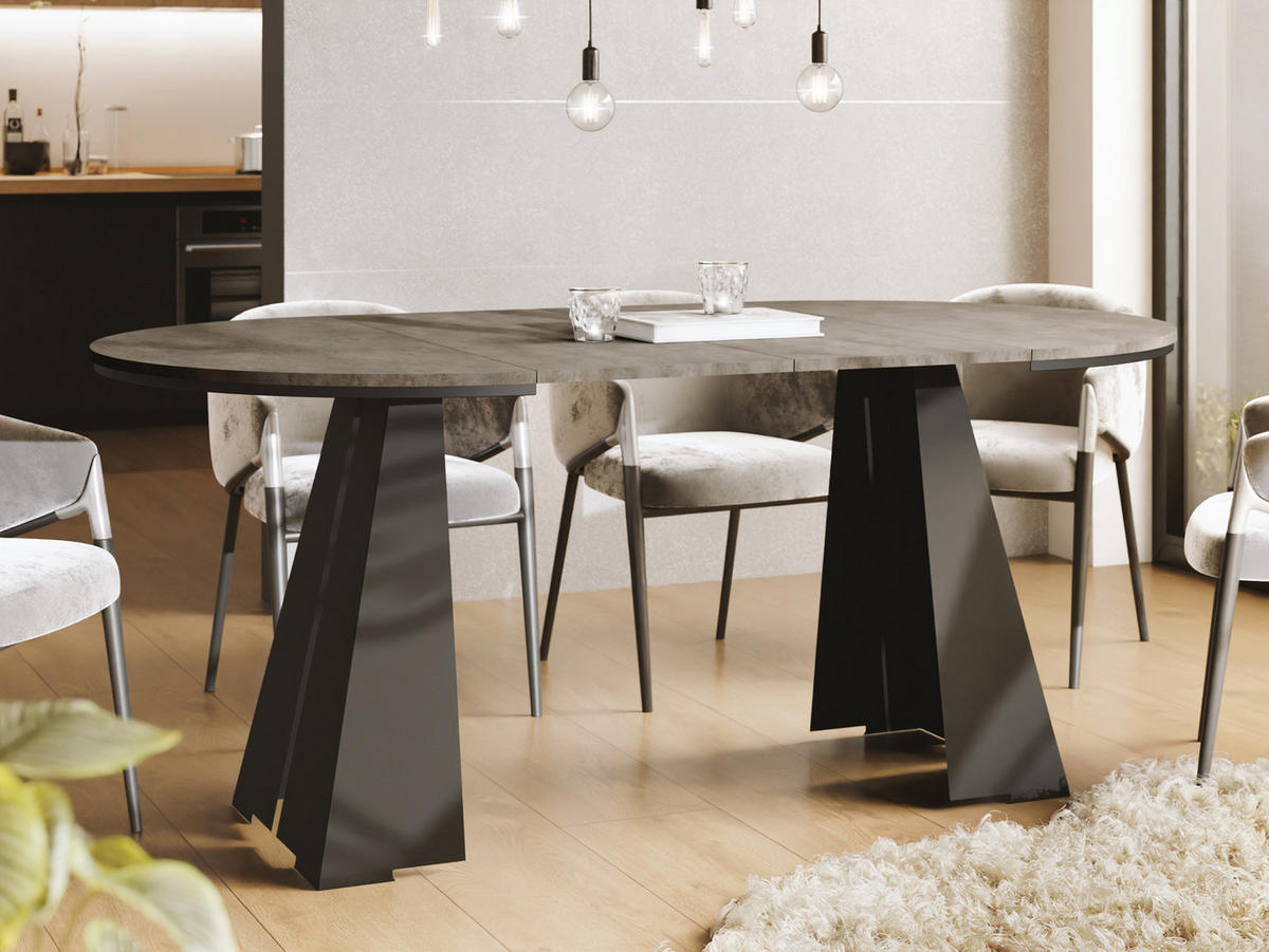 ESSTISCH Kova runder ausziehbarer, Dunkelgrauer Chicago Beton 120-200/120/76 cm - Dunkelgrau/Schwarz, Holzwerkstoff/Metall (120/120/76cm) - WFL GROUP