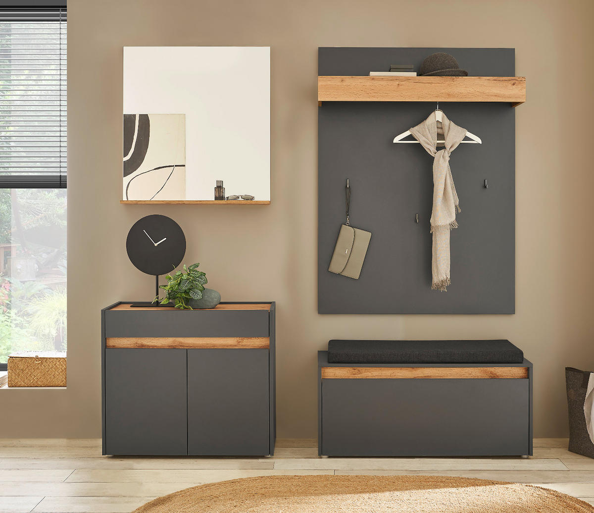 GARDEROBEN-SET 5-teilig grau matt, Eiche Wotan 190 cm, Kombination inklusive Sitzkissen - Silberfarben/Eiche Wotan, Glas/Holzwerkstoff (190/200/40cm) - Furn.Design