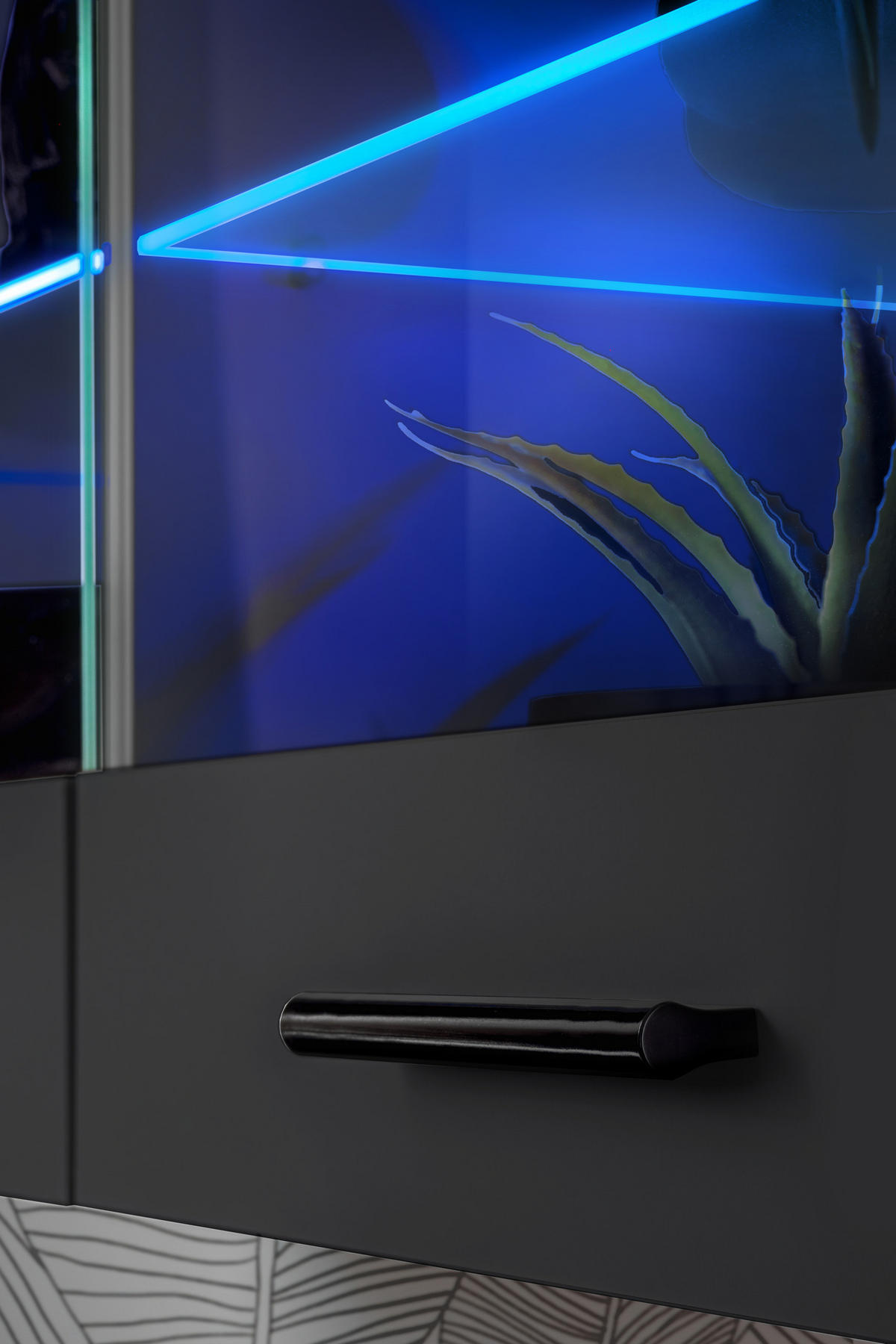 WOHNZIMMERSET Foggia, 6er-Set, Schwarz, Front Hochglanz Schwarz, LED Blau - Schwarz, Glas/Holzwerkstoff (230/190/45cm) - Komodee