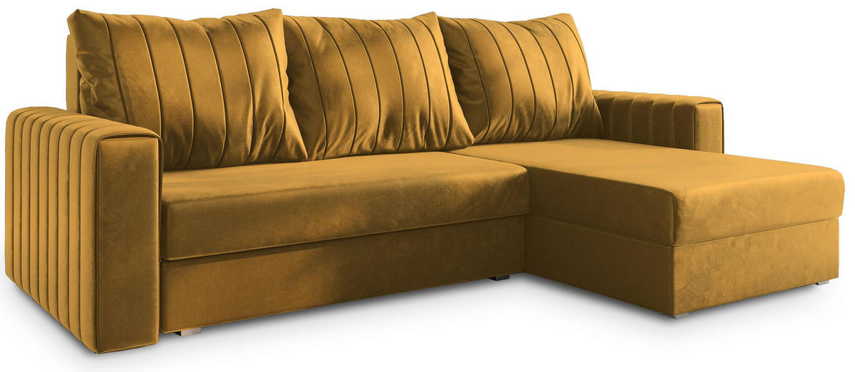 ECKSOFA CARL Orange Plüsch-Stoff mit Schlaffunktion - Orange, Holz (236/150cm) - MASSENO