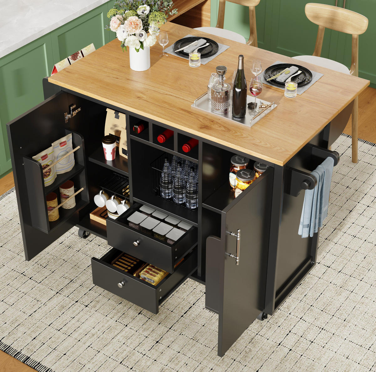 KÜCHENINSEL 137,9/92/73 cm Schwarz aus MDF und Metall mit Klapptisch - Schwarz, Holzwerkstoff (73/92.5/137.9cm) - OKMYHOME