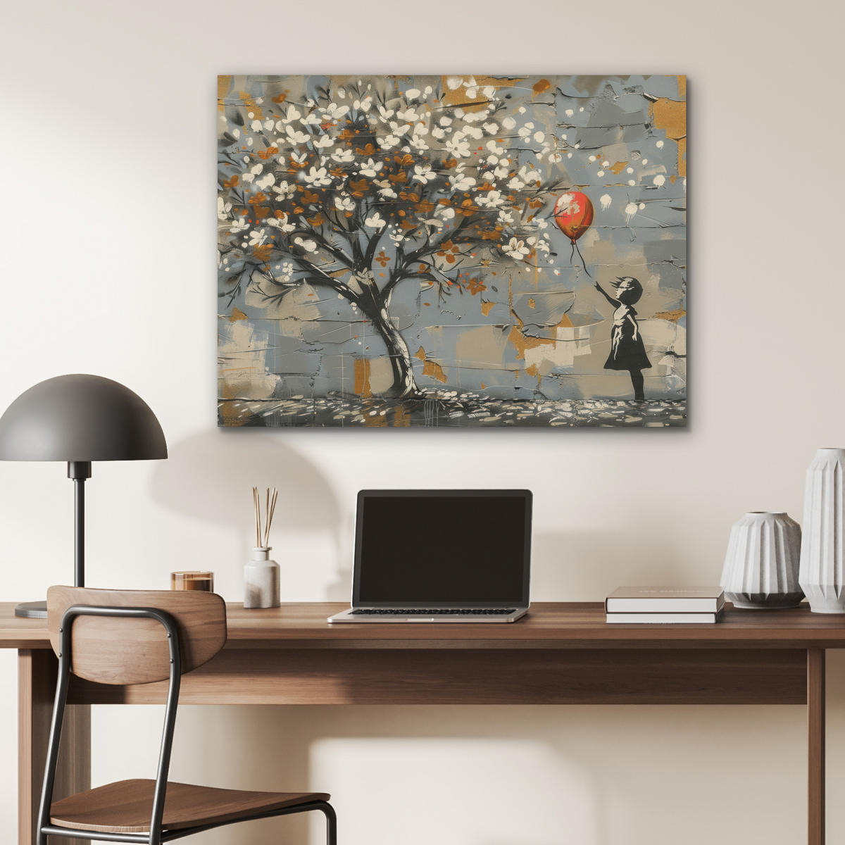 AKUSTIKPANEEL Baum - Graffiti - Banksy-Stil - Ballon-Mädchen 80x60 cm - Blaugrau, Textil (80/0.9/60cm) - MuchoWow