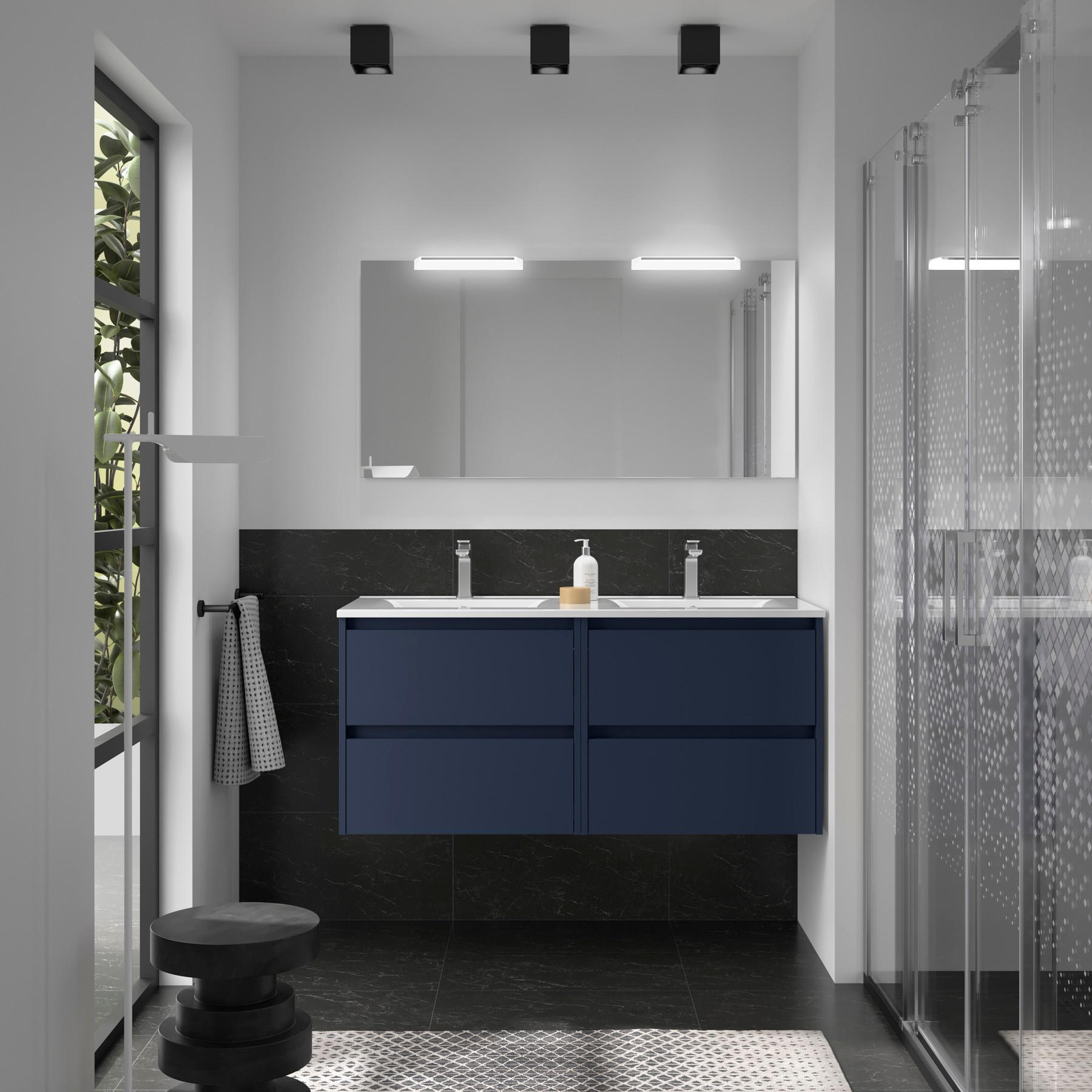 BADMÖBELSET NOJA 1200 4 Schubladen BLAU SATIN + Waschbecken + Spiegel - Schwarz, Metall (45/54/120cm) - Salgar