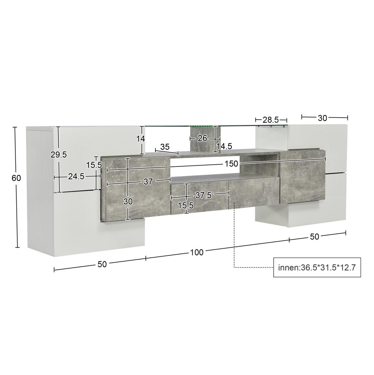 TV-SCHRANK mit LED-Beleuchtung 200 cm MDF Grau - Grau, Holzwerkstoff (30/60/200cm) - Beauniv
