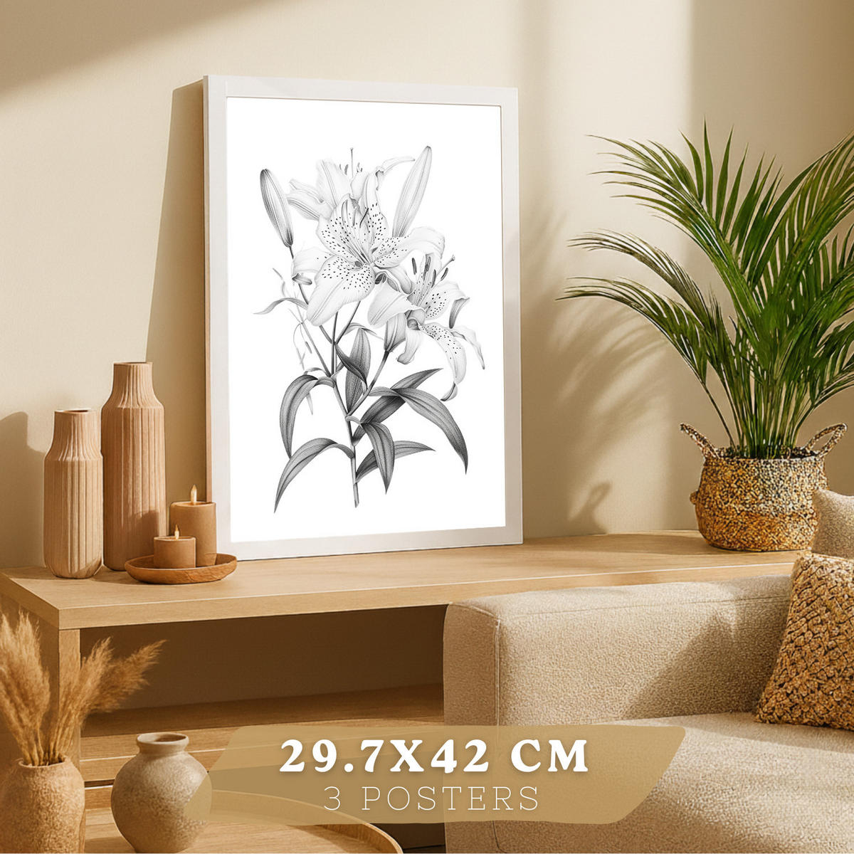 PLAKAT Sada 3 obrázků květin. Dekorativní nástěnné tisky Květiny tužkou. botanický plakát na zeď. Černobílé květinové malby.Velikost A3 Bílý rám - bílá, papír (29.7/42/3cm)
