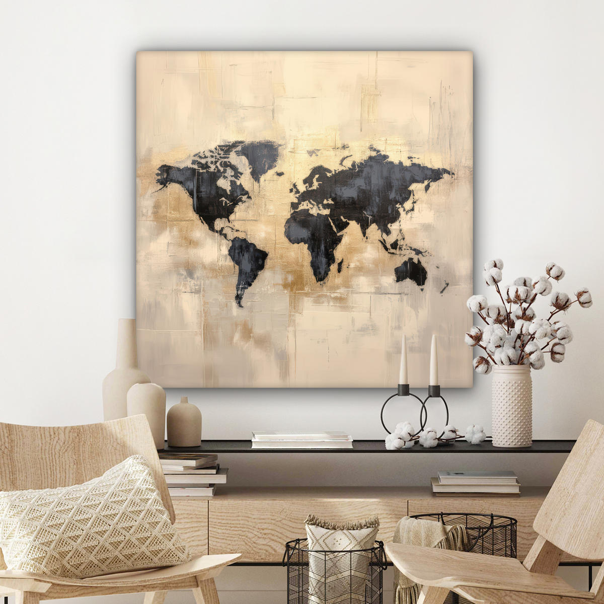 LEINWANDBILD Weltkarte - Gold - Schwarz - Abstrakt 90x90 cm - Kupferfarben, Textil (90/90cm) - MuchoWow