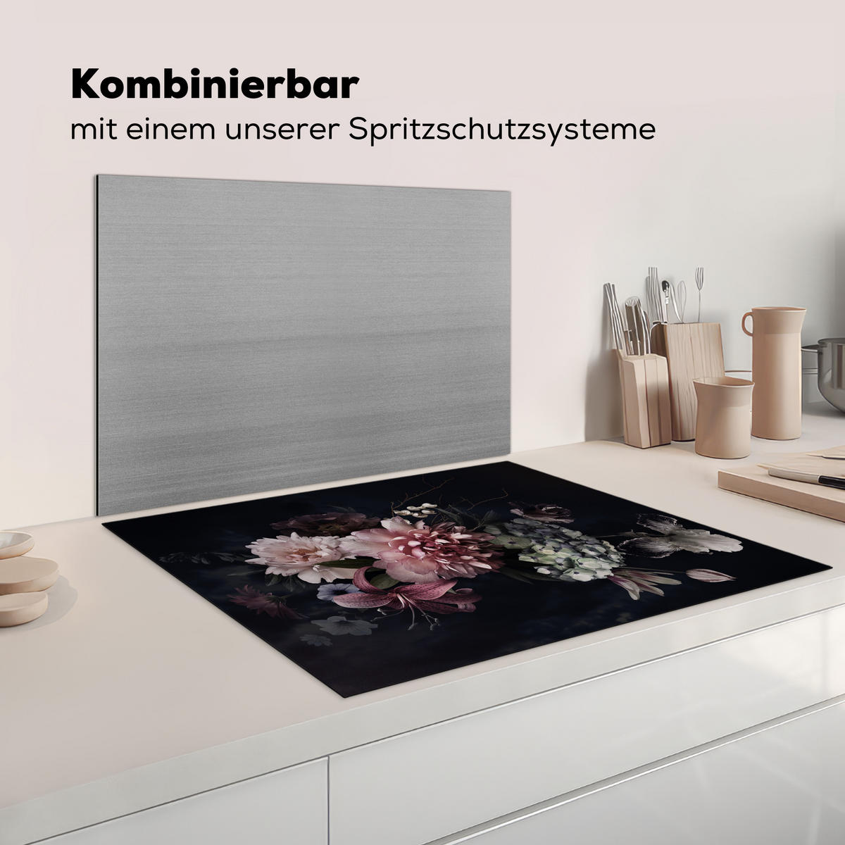 KRYT NA INDUKČNÍ DESKU Květiny - Vintage - pastelové - růžové - bílé 77x59 cm - starorůžová, plast (77/59/0.2cm) - MuchoWow