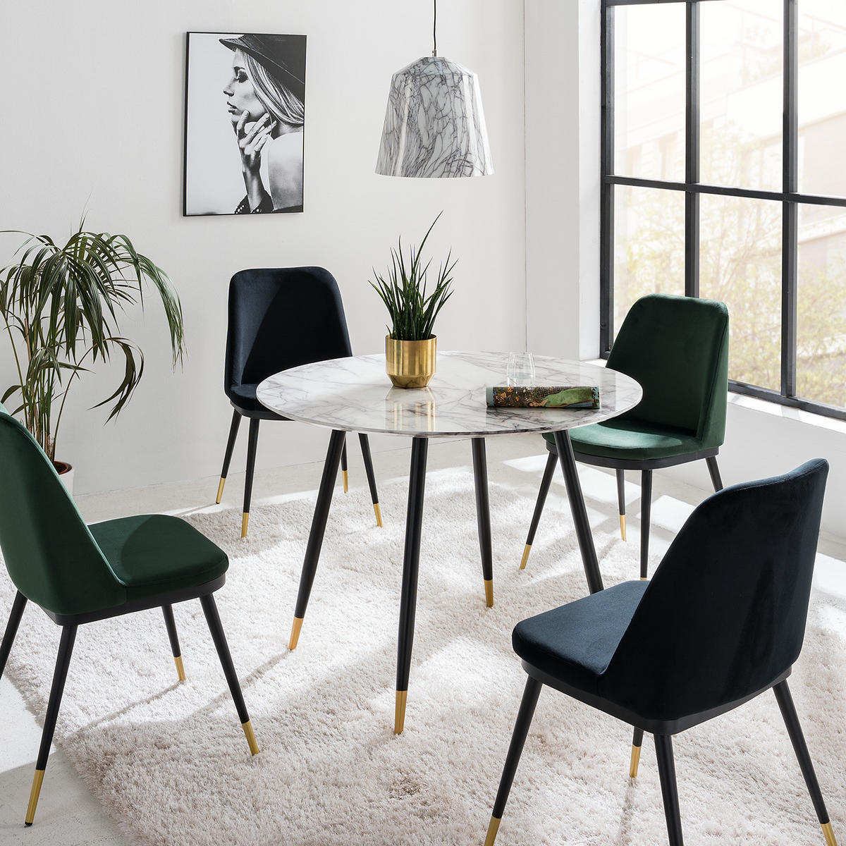 ESSTISCH - Marmor Weiß Dekor / Schwarz & Gold - Weiß, Holzwerkstoff/Metall (100/100/75cm) - home24