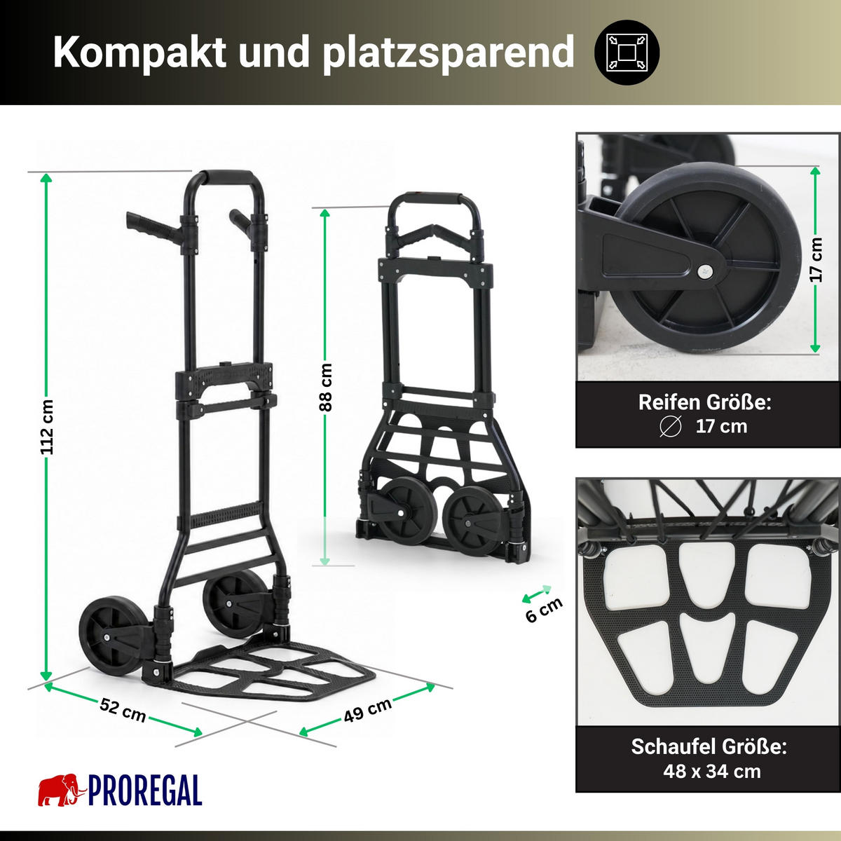 SACKKARRE Elephant klappbar 115x50x53cm Traglast 150kg AluminiumrahmenTRR Fachgummiräder Schwarz - Schwarz, Metall (53/50/115cm) - PROREGAL