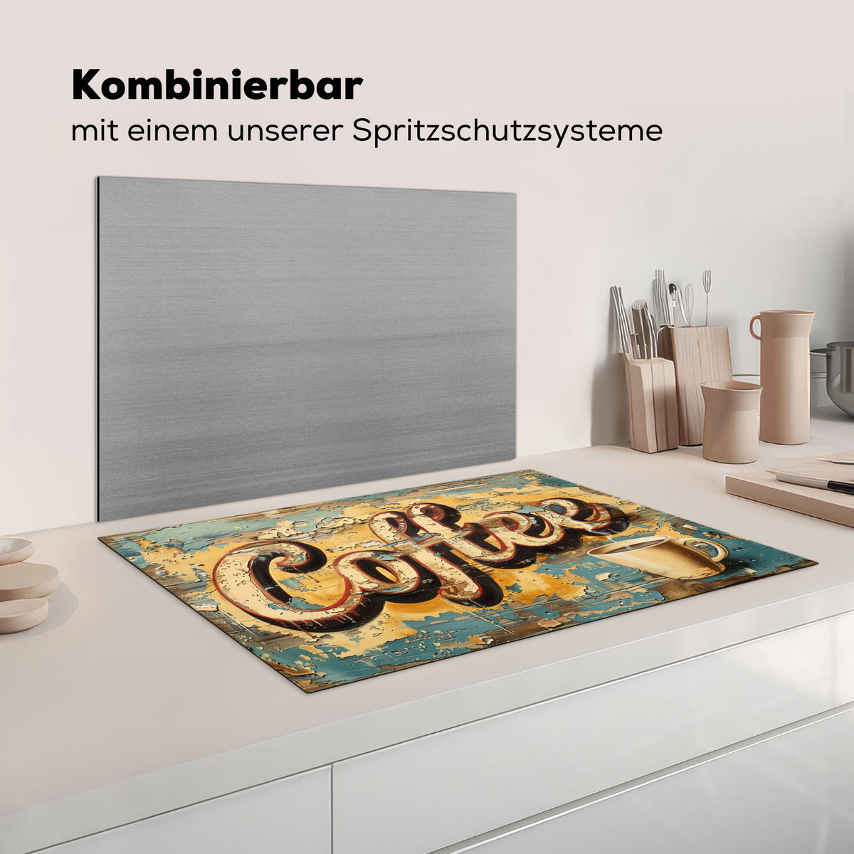 KRYT NA INDUKČNÍ DESKU Káva - Vintage - hnědá - šálek 80x52 cm - teaková, plast (80/52/0.2cm) - MuchoWow