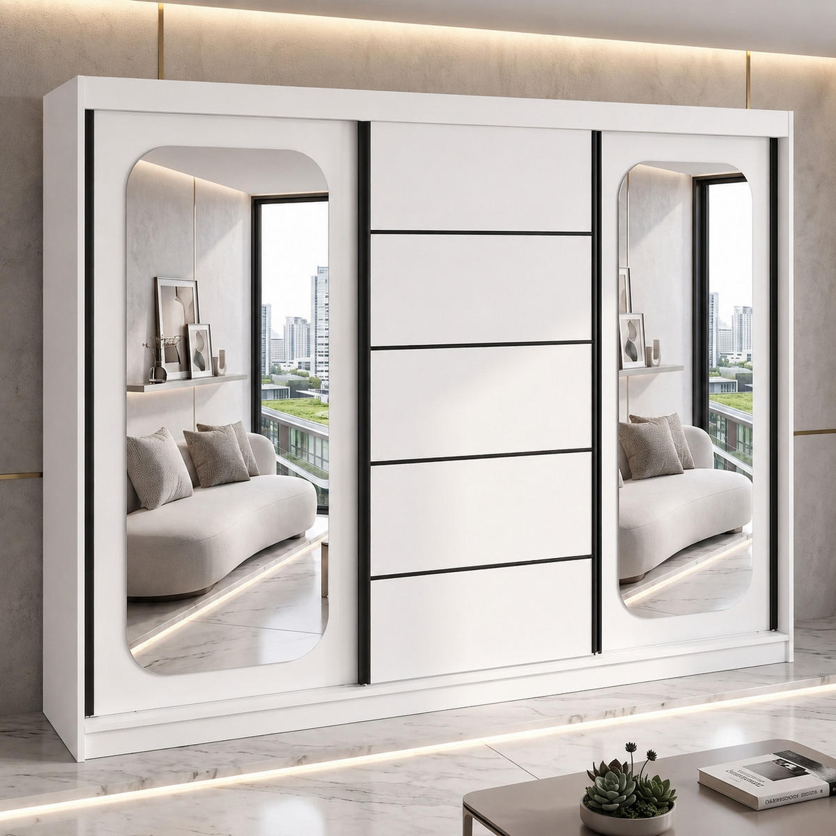 SCHWEBETÜRENSCHRANK BELANO 200 cm. Innenausstattung: Comfort plus - Weiß, Holzwerkstoff (200/215/59.5cm) - A&J MöbelLand