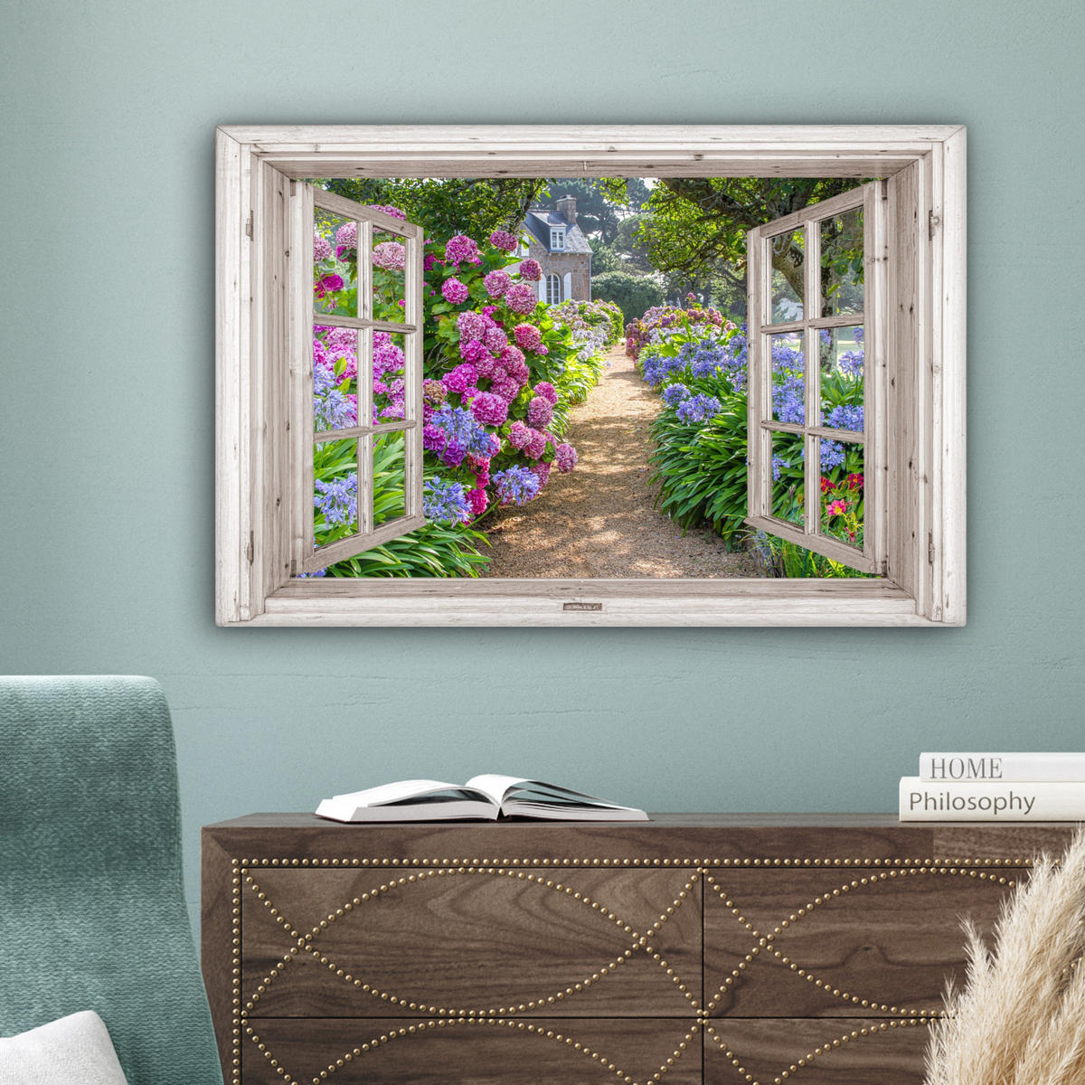 LEINWANDBILD Hortensie - Durchsichtig - Blumen - Sommer - Lila - Weg Wanddeko 90x60 cm - Lila, Textil (90/60cm) - MuchoWow