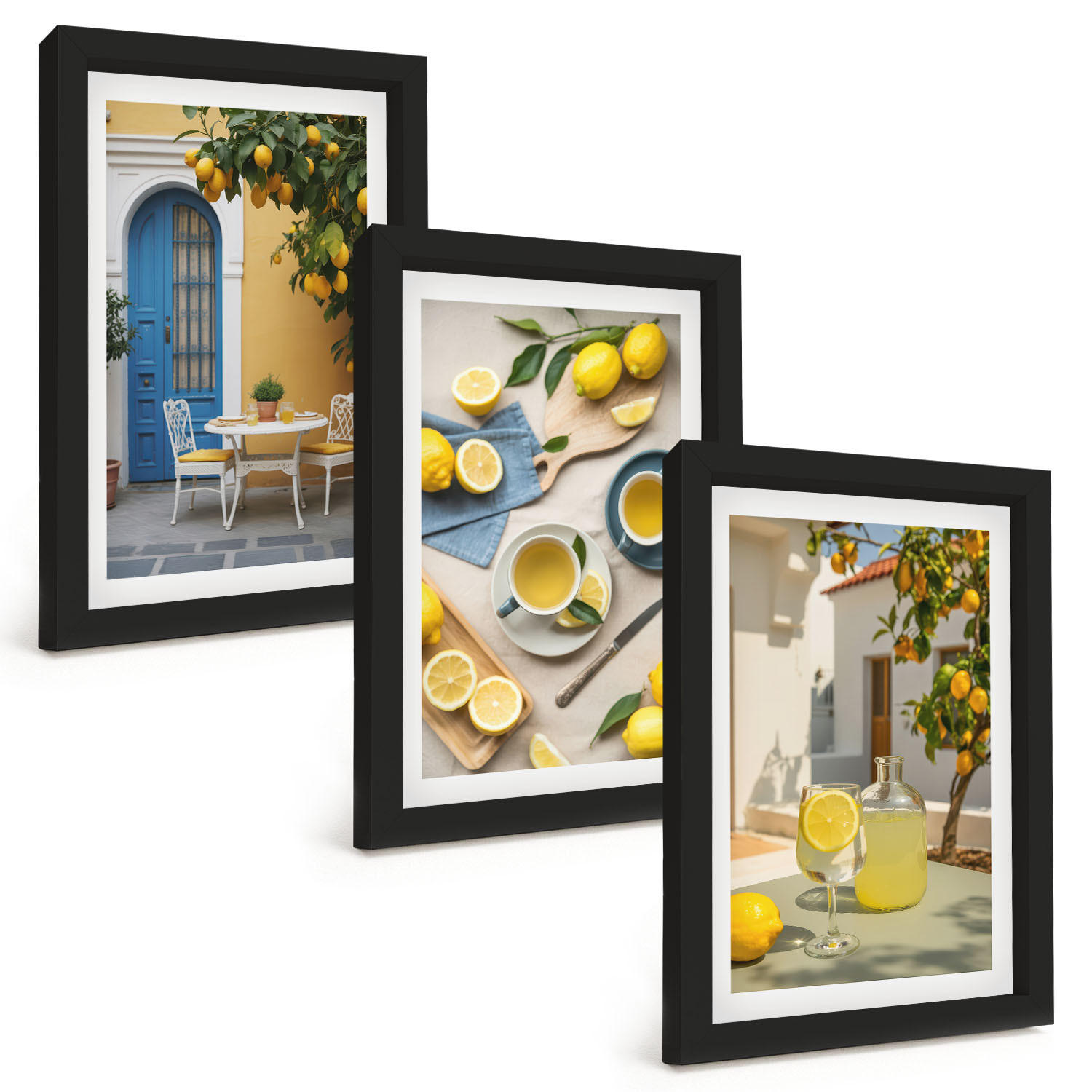 BILDER SET 3er Set - 20x30 cm Schwarzer Rahmen - Zitronenlimonade blaue Tür - Schwarz, Kunststoff (20/30cm) - TULUP