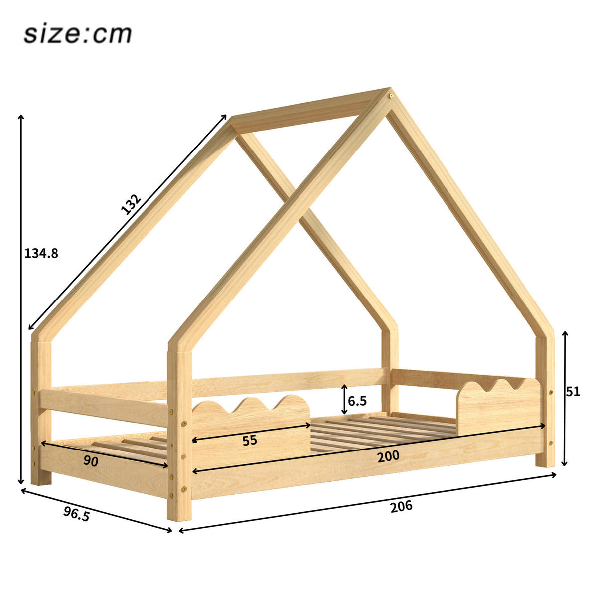 POSTELJA v obliki hiše 90/200 cm naravna z zaščito pred padcem iz masivnega borovega lesa - naravne barve, les (90/200cm) - OKWISH