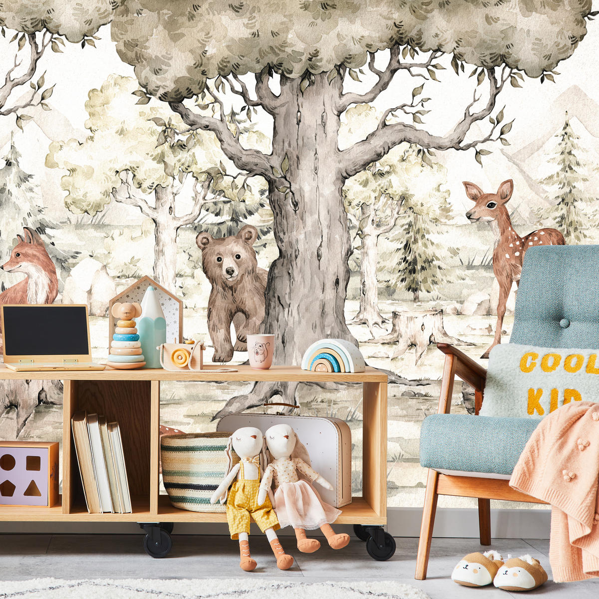 FOTOTAPETE für Kinderzimmer Waldtiere Aquarell Bär Fuchs Reh Bäume 300x210 - Beige/Orange, Papier (300/210cm) - Muralo