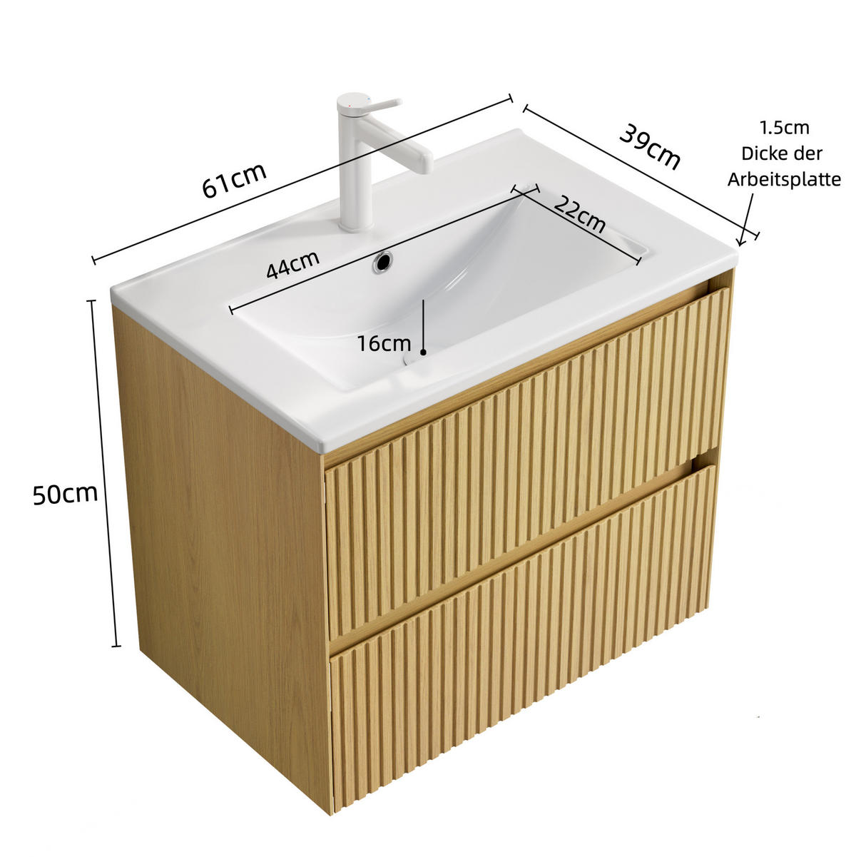 WASCHTISCHKOMBI 61 cm Goldene Eiche/Weiß aus Keramik mit Soft-Close - Eichefarben, Keramik (61/51.5/39cm) - OKMYHOME