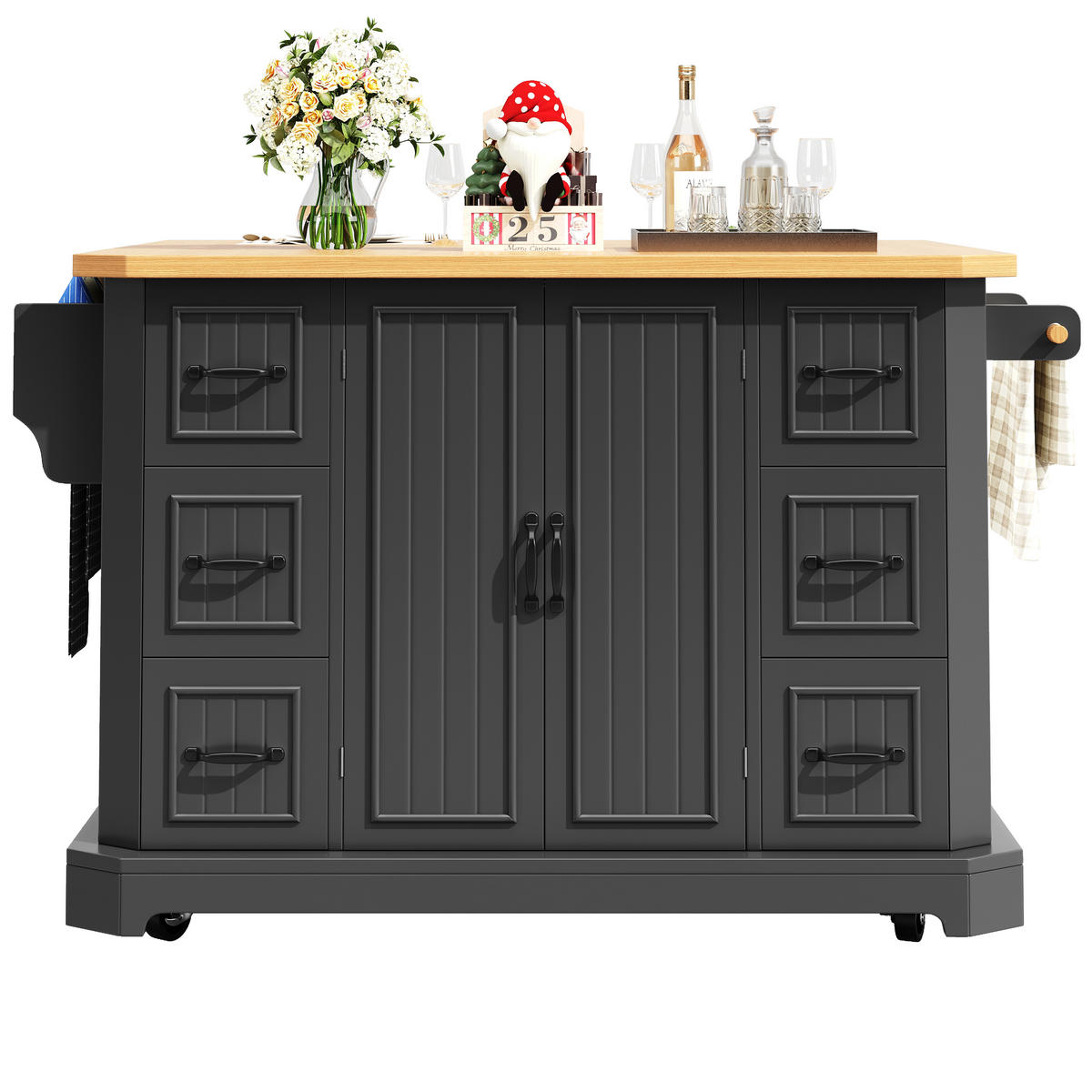 KÜCHENINSEL 120/45(75)/91 cm schwarz mit 2 Türen & 6 Schubladen mit rollbar - Schwarz, Holzwerkstoff (120/91/75cm) - OKWISH