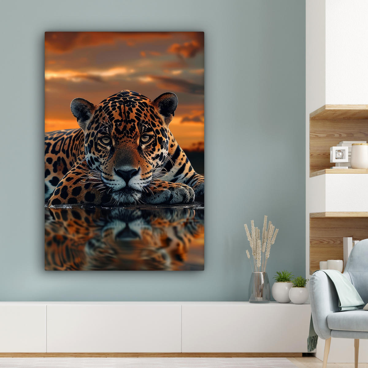 LEINWANDBILD Natur - Leopard - Tier - Sonnenuntergang - Modern Deko Groß 90x140 cm - Orange, Textil (90/140cm) - MuchoWow