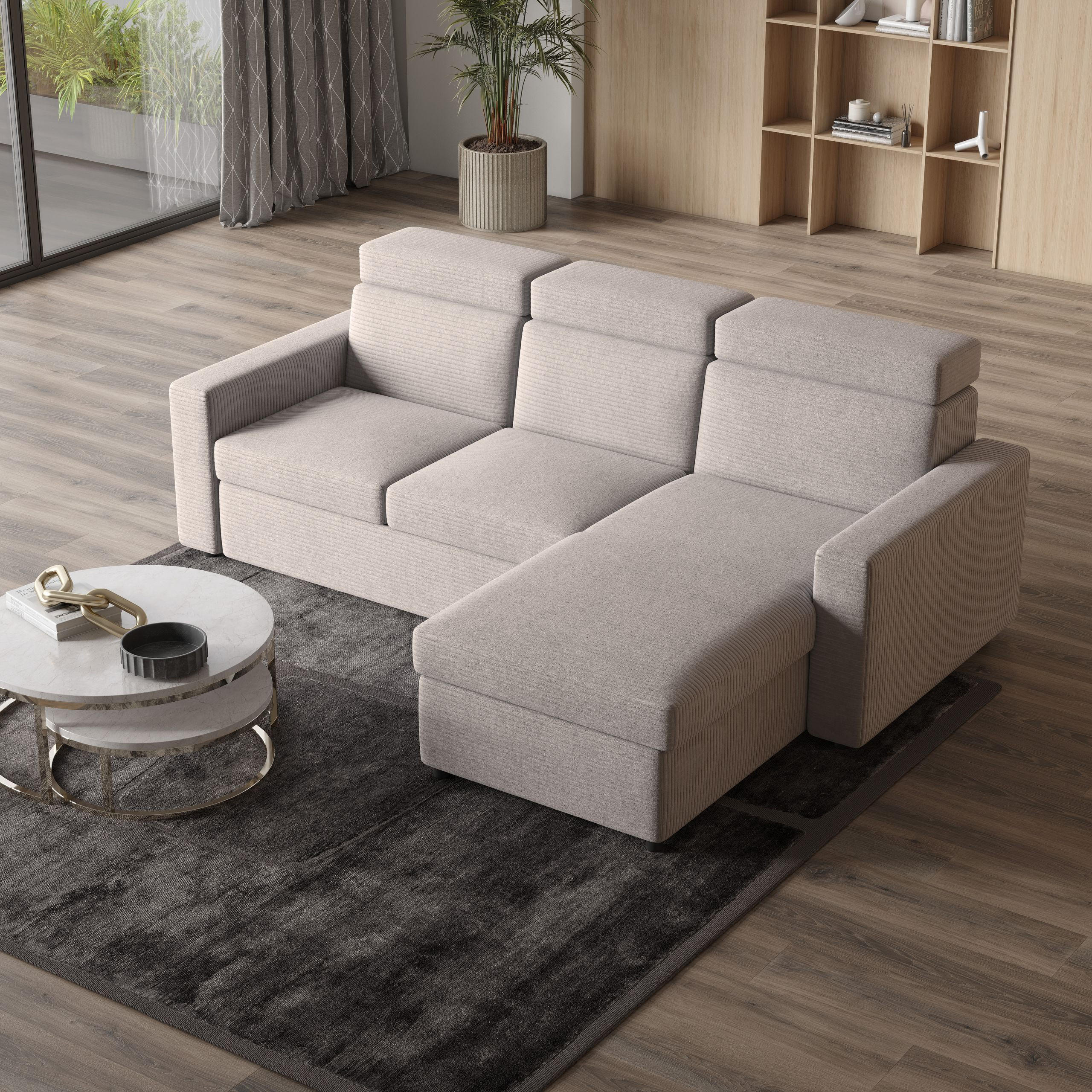 ECKSOFA PADWA Beige Kordstoff mit Schlaffunktion - Beige, Holz (227/168cm) - MASSENO