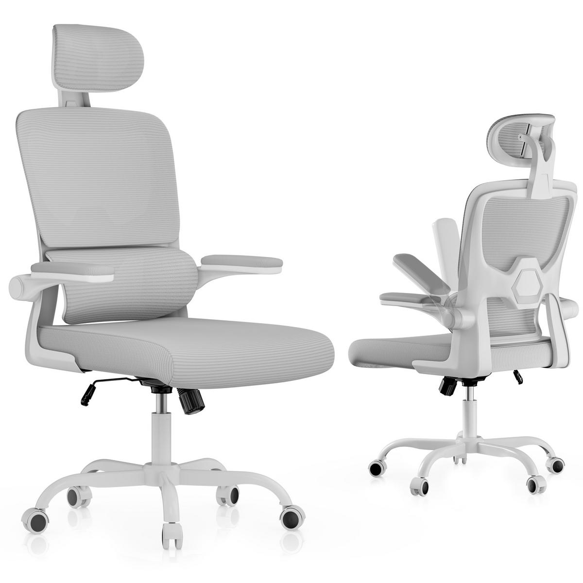 BÜROSTUHL Weiß-Grau ergonomisch mit klappbaren Armlehnen - Grau, Metall (25/52.5/65cm) - Rattrix