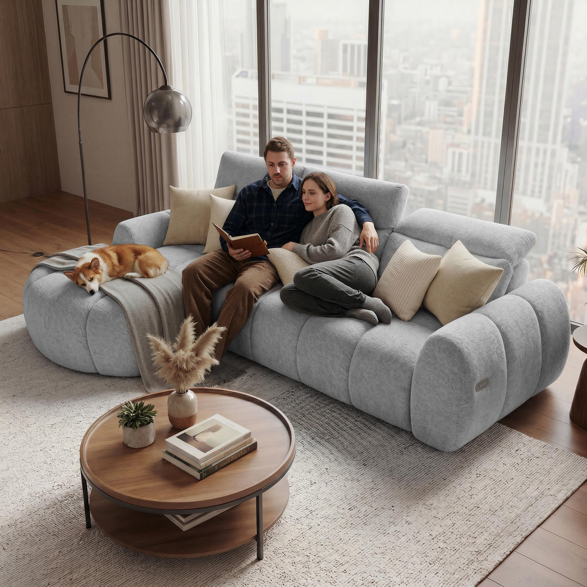 ECKSOFA Sorel Mini mit Automatisch verstellbarer Sitztiefe und Kopfstützen, links, Hellgrau - Hellgrau, Textil (190/275cm) - Beautysofa